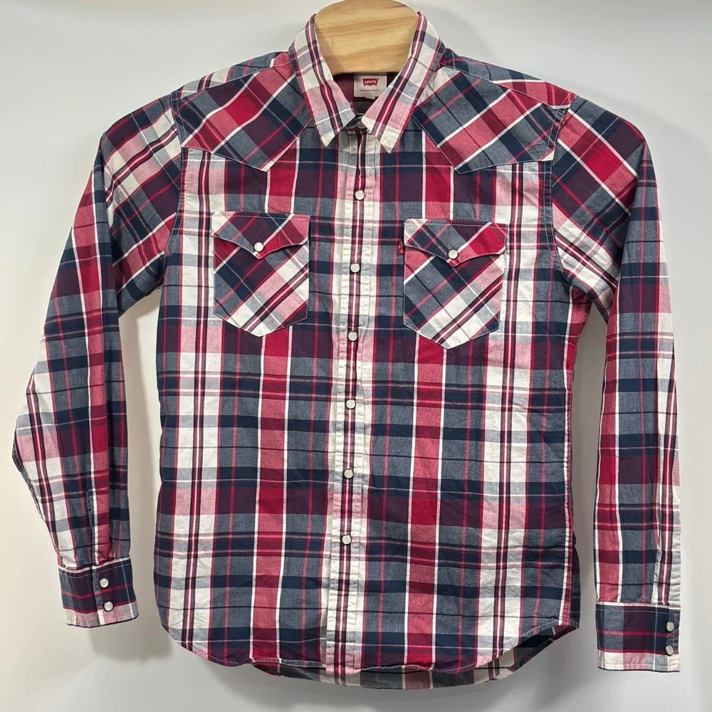 Levi's Plaid Western Shirt Mens M Red Blue Pearl Snap Long Sleeve